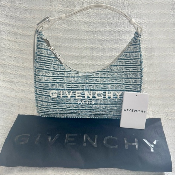 Givenchy 4G Logo Small Moon Cut Out Hobo Tote Handbag Denim Blue Shoulder Purse - Picture 3 of 17